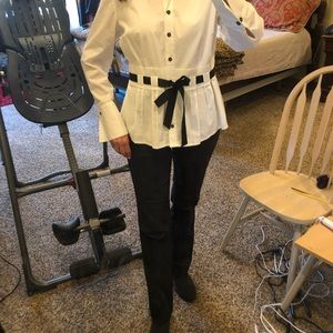 White Women’s Blouse/ Black Accents/ Tie at Waist